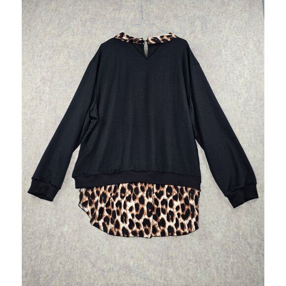 Black Long Sleeve Top With Leopard Print Collar & Hem Women’s 5XL Polyester Casu - Picture 6 of 7